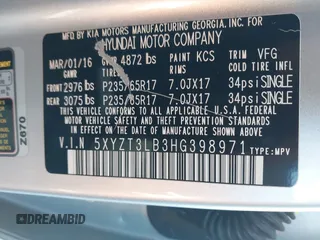 2017 Hyundai Santa Fe 2.4L z VIN 5XYZT3LB3HG398971, wystawiony jako IAAI lot #41844623 z przebiegiem 173 000 mil mil oraz . Historia ofert i sprzedaży dostępna na DreamBid. Obrazek 9.