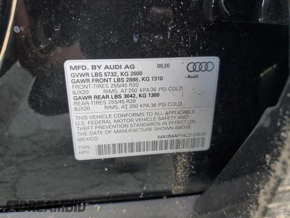 2020 Audi SQ5 Premium Plus with VIN WA1B4AFY4L2123545, listed as a Copart auction lot 71704534 with Not Provided miles and Salvage Title. Bid and sale history available at DreamBid. Image 15.