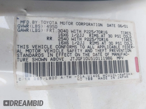2001 Lexus RX 300 z VIN JTJGF10U510111986, wystawiony jako IAAI lot #42012993 z przebiegiem 238 323 mil mil oraz . Historia ofert i sprzedaży dostępna na DreamBid. Obrazek 9.