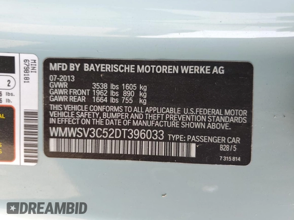 2013 MINI Hardtop S with VIN WMWSV3C52DT396033, listed as a Copart auction lot 61041585 with 83,873 mi miles and Salvage title. Bid and sale history available at DreamBid. Image 12.