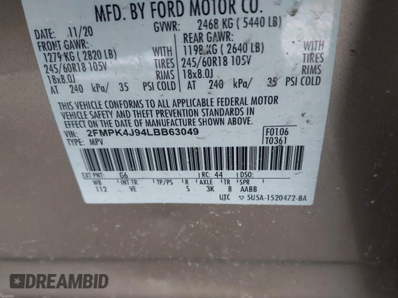 2020 Ford Edge SEL with VIN 2FMPK4J94LBB63049, listed as a IAAI auction lot 41400003 with 25,841 mi miles. Bid and sale history available at carsss.com. Image 9.