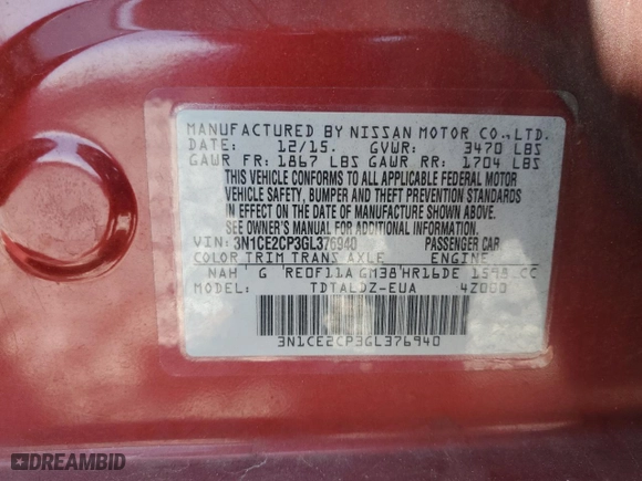 2016 Nissan Versa Note S with VIN 3N1CE2CP3GL376940, listed as a Copart auction lot 52158625 with 69,199 mi miles and Non Repairable. Bid and sale history available at carsss.com. Image 13.