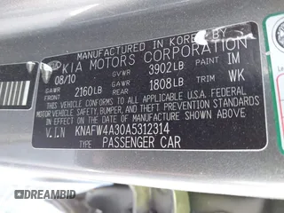 2010 Kia Forte SX with VIN KNAFW4A30A5312314, listed as a IAAI auction lot 41731007 with 169,466 mi miles. Bid and sale history available at carsss.com. Image 9.