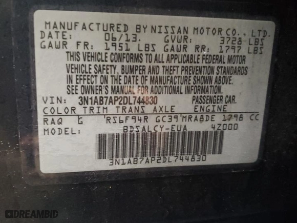 2013 Nissan Sentra SR with VIN 3N1AB7AP2DL744830, listed as a Copart auction lot 45310805 with 118,891 mi miles and Salvage Title. Bid and sale history available at carsss.com. Image 13.