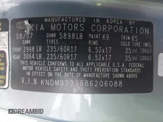 2008 Kia Sedona LX with VIN KNDMB233886206088, listed as a IAAI auction lot 41948185 with 203,327 mi miles. Bid and sale history available at carsss.com. Image 9.