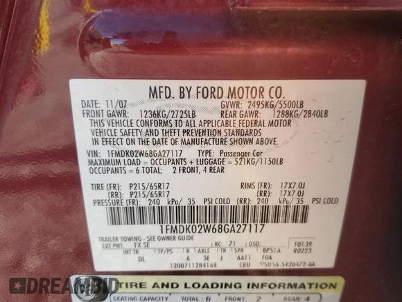 2008 Ford Taurus X SEL with VIN 1FMDK02W68GA27117, listed as a Copart auction lot 52310685 with 178,529 mi miles and Salvage Title. Bid and sale history available at DreamBid. Image 13.