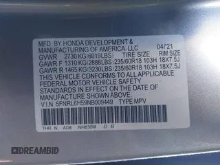 2022 Honda Odyssey EX with VIN 5FNRL6H59NB009449, listed as a IAAI auction lot 41383400 with 28,181 mi miles and . Bid and sale history available at DreamBid. Image 9.