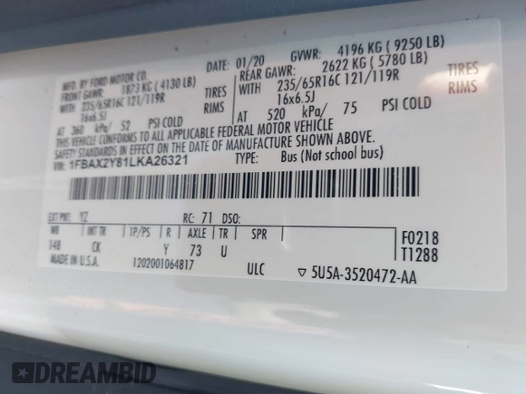 2020 Ford Transit Passenger XL with VIN 1FBAX2Y81LKA26321, listed as a IAAI auction lot 41110834 with Not provided miles and . Bid and sale history available at DreamBid. Image 9.