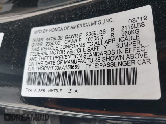 2019 Honda Accord Sport with VIN 1HGCV1F33KA158689, listed as a IAAI auction lot 41967106 with 64,623 mi miles and . Bid and sale history available at DreamBid. Image 9.