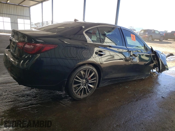 2018 Infiniti Q50 Red Sport 400 with VIN JN1FV7AR8JM480707, listed as a Copart auction lot 48169945 with 98,449 mi miles and Salvage Title. Bid and sale history available at DreamBid. Image 3.