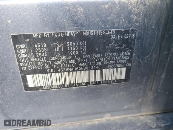 2016 Subaru Legacy Premium with VIN 4S3BNAH60G3013140, listed as a Copart auction lot 44128235 with Not Provided miles and Salvage Title. Bid and sale history available at DreamBid. Image 12.