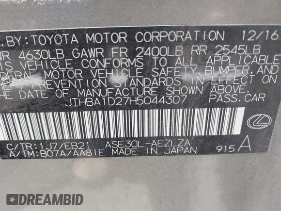2017 Lexus IS 200t with VIN JTHBA1D27H5044307, listed as a IAAI auction lot 42319023 with 115,672 mi miles and . Bid and sale history available at DreamBid. Image 9.