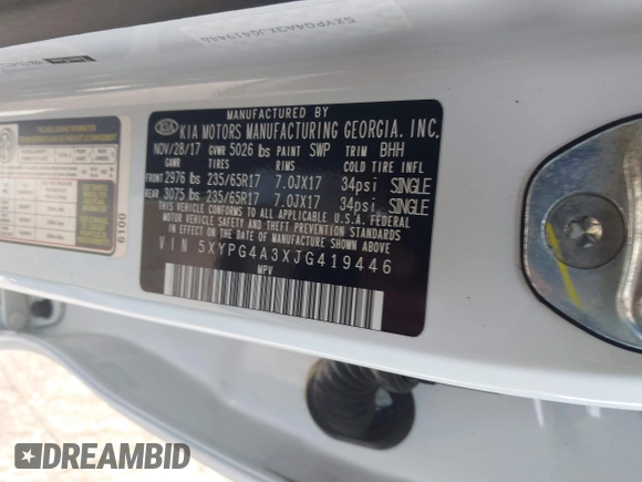 2018 Kia Sorento LX with VIN 5XYPG4A3XJG419446, listed as a IAAI auction lot 41696265 with 96,233 mi miles. Bid and sale history available at carsss.com. Image 9.