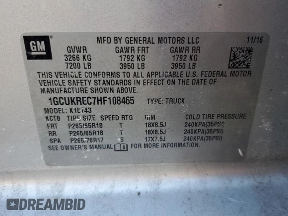 2017 Chevrolet Silverado 1500 LT with VIN 1GCUKREC7HF108465, listed as a Copart auction lot 42285785 with Not Provided miles and Salvage Title. Bid and sale history available at DreamBid. Image 12.