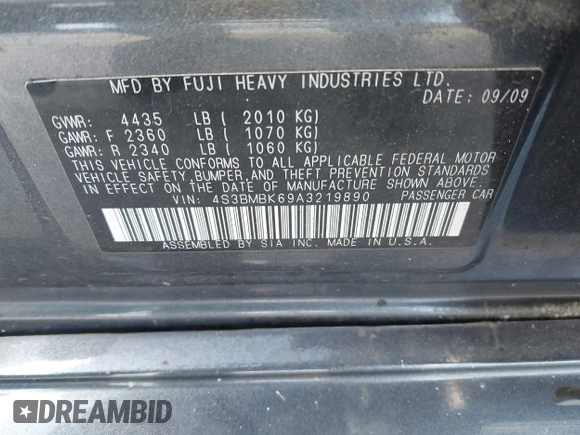 2010 Subaru Legacy Limited Moon with VIN 4S3BMBK69A3219890, listed as a IAAI auction lot 42743488 with 169,854 mi miles and . Bid and sale history available at DreamBid. Image 9.