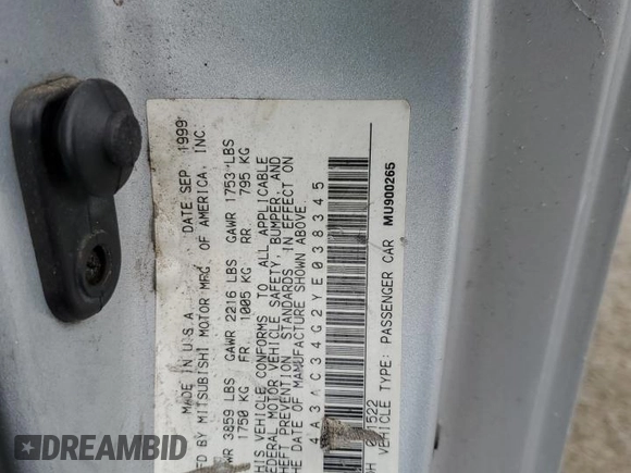 2000 Mitsubishi Eclipse RS with VIN 4A3AC34G2YE038345, listed as a Copart auction lot 68143674 with 223,846 mi miles and Salvage Title. Bid and sale history available at carsss.com. Image 12.