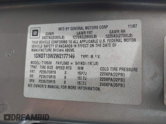 1998 Chevrolet Blazer LS с VIN 1GNDT13W2W2177149, выставлен на аукционе IAAI как лот 42422025 с пробегом 210 833 миль миль и . История ставок и продаж доступна на DreamBid. Изображение 9.