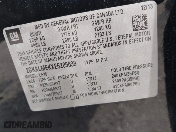 2014 GMC Terrain SLE with VIN 2GKALMEKXE6205633, listed as a IAAI auction lot 42174838 with 104,646 mi miles and . Bid and sale history available at DreamBid. Image 9.