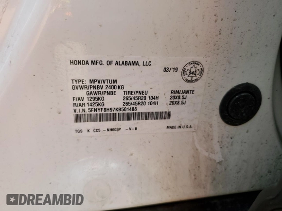 2019 Honda Passport Touring with VIN 5FNYF8H97KB501488, listed as a Copart auction lot 59269085 with 158,006 mi miles and Salvage title. Bid and sale history available at DreamBid. Image 14.