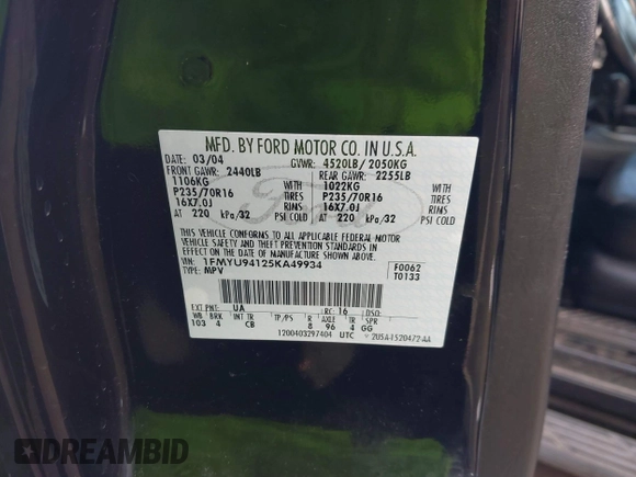 2005 Ford Escape Limited с VIN 1FMYU94125KA49934, выставлен на аукционе IAAI как лот 41735243 с пробегом 118 041 миль миль и . История ставок и продаж доступна на DreamBid. Изображение 9.