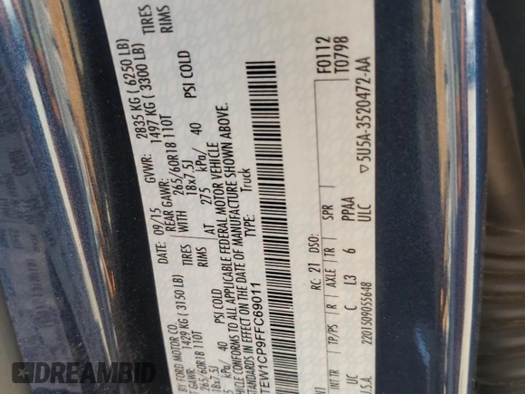 2015 Ford F-150 XL with VIN 1FTEW1CP9FFC69011, listed as a Copart auction lot 61349945 with 139,187 mi miles and Salvage title. Bid and sale history available at DreamBid. Image 12.