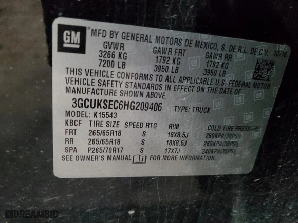 2017 Chevrolet Silverado 1500 LTZ with VIN 3GCUKSEC6HG209406, listed as a Copart auction lot 87958295 with 189,768 mi miles and Salvage Title. Bid and sale history available at carsss.com. Image 12.
