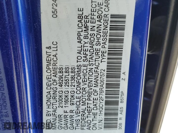 2024 Honda Accord Sport-L with VIN 1HGCY2F76RA067572, listed as a Copart auction lot 58105405 with 22,098 mi miles and Salvage title. Bid and sale history available at DreamBid. Image 12.