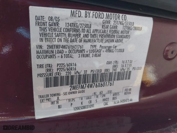 2006 Mercury Grand Marquis GS with VIN 2MEFM74W76X601761, listed as a IAAI auction lot 41627610 with 139,140 mi miles. Bid and sale history available at carsss.com. Image 9.