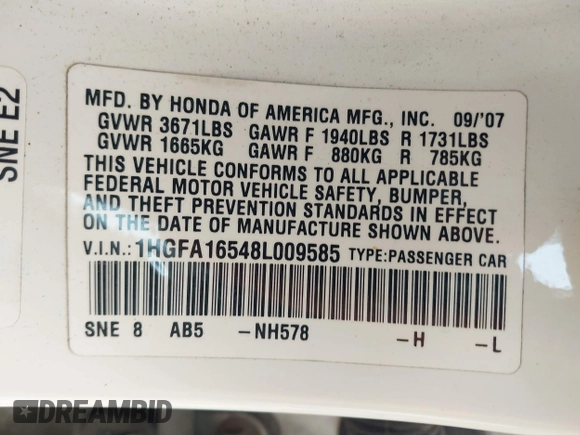 2008 Honda Civic LX with VIN 1HGFA16548L009585, listed as a IAAI auction lot 42134777 with Not Provided miles and . Bid and sale history available at DreamBid. Image 9.