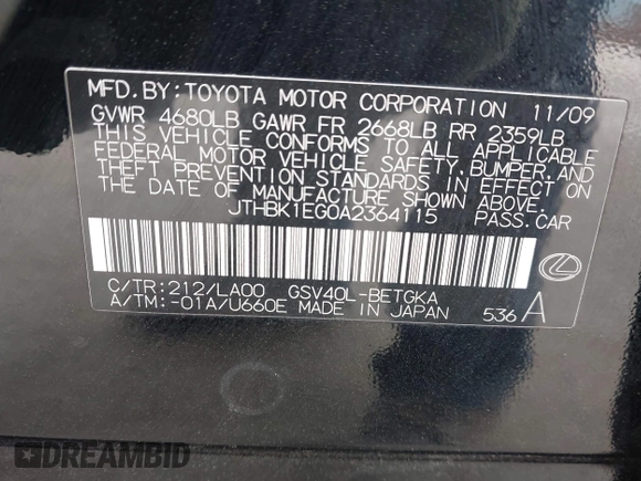 2010 Lexus ES with VIN JTHBK1EG0A2364115, listed as a IAAI auction lot 42104503 with 90,755 mi miles. Bid and sale history available at carsss.com. Image 9.