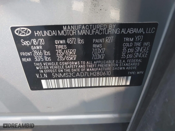 2020 Hyundai Santa Fe SE with VIN 5NMS2CAD7LH280610, listed as a IAAI auction lot 41128728 with 52,695 mi miles. Bid and sale history available at carsss.com. Image 9.