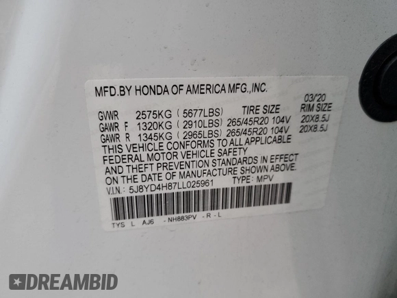 2020 Acura MDX w/Advance Pkg with VIN 5J8YD4H87LL025961, listed as a Copart auction lot 83522394 with 47,587 mi miles and Salvage Title. Bid and sale history available at carsss.com. Image 13.