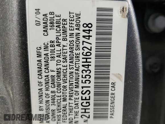 2004 Honda Civic LX with VIN 2HGES15534H627448, listed as a Copart auction lot 50652585 with 209,876 mi miles and Clean Title. Bid and sale history available at carsss.com. Image 13.