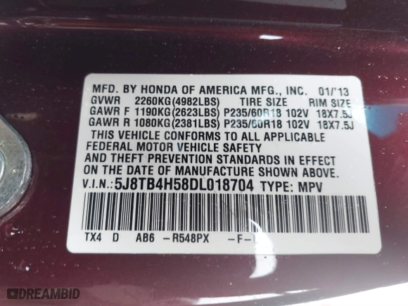 2013 Acura RDX Tech Pkg with VIN 5J8TB4H58DL018704, listed as a IAAI auction lot 41810318 with 134,819 mi miles. Bid and sale history available at carsss.com. Image 9.