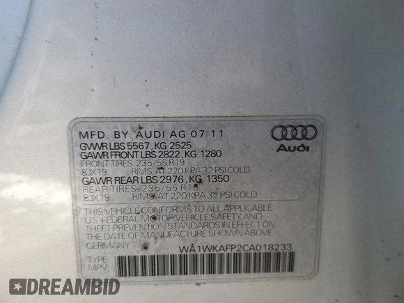 2012 Audi Q5 Prestige z VIN WA1WKAFP2CA018233, wystawiony jako Copart lot #45475025 z przebiegiem 208 062 mil mil oraz Szkoda całkowita • Salvage title. Historia ofert i sprzedaży dostępna na DreamBid. Obrazek 14.