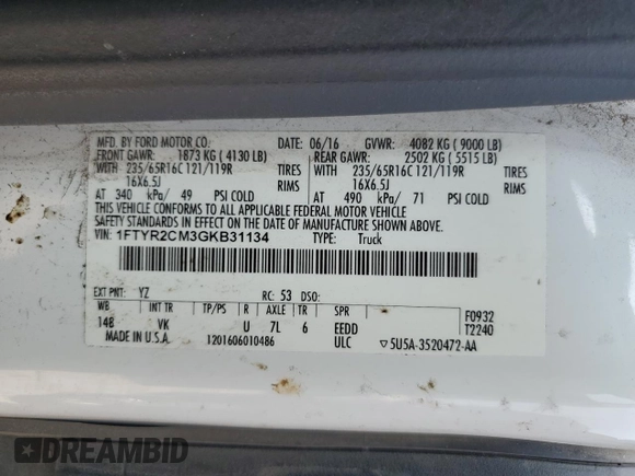 2016 Ford Transit Cargo z VIN 1FTYR2CM3GKB31134, wystawiony jako Copart lot #70293794 z przebiegiem 65 457 mil mil oraz Szkoda całkowita • Salvage title. Historia ofert i sprzedaży dostępna na DreamBid. Obrazek 13.