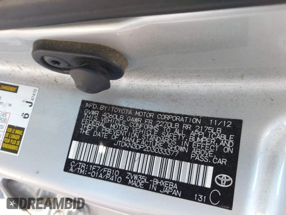 2013 Toyota Prius with VIN JTDKN3DP2D3033377, listed as a IAAI auction lot 42465127 with 182,789 mi miles and . Bid and sale history available at DreamBid. Image 9.