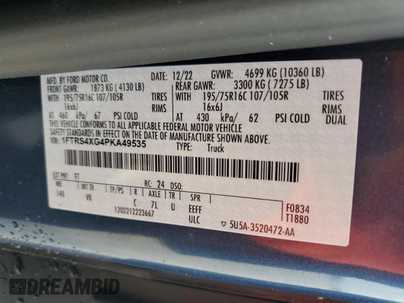 2023 Ford Transit with VIN 1FTRS4XG4PKA49535, listed as a Copart auction lot 70256894 with 21,740 mi miles and Salvage Title. Bid and sale history available at carsss.com. Image 13.