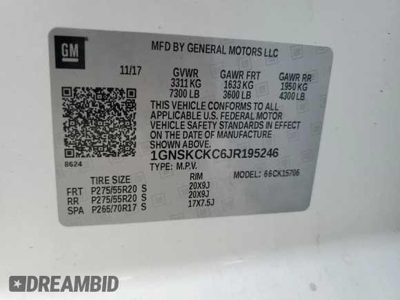 2018 Chevrolet Tahoe Premier with VIN 1GNSKCKC6JR195246, listed as a Copart auction lot 54887165 with 135,973 mi miles and Salvage title. Bid and sale history available at DreamBid. Image 13.