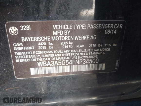 2015 BMW 3 Series 328i with VIN WBA3A5G54FNP34500, listed as a IAAI auction lot 41695866 with 168,000 mi miles and . Bid and sale history available at carsss.com. Image 9.
