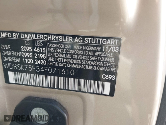2004 Mercedes-Benz SL 500 z VIN WDBSK75F34F071610, wystawiony jako IAAI lot #42042918 z przebiegiem Nie podano mil oraz . Historia ofert i sprzedaży dostępna na DreamBid. Obrazek 9.