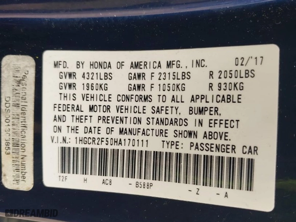 2017 Honda Accord Sedan Sport with VIN 1HGCR2F50HA170111, listed as a IAAI auction lot 41493967 with 276,074 mi miles. Bid and sale history available at carsss.com. Image 9.