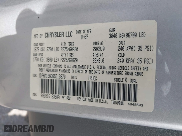 2008 Dodge 1500 SLT with VIN 1D7HA18N38S513870, listed as a IAAI auction lot 41653036 with 204,309 mi miles and . Bid and sale history available at DreamBid. Image 9.
