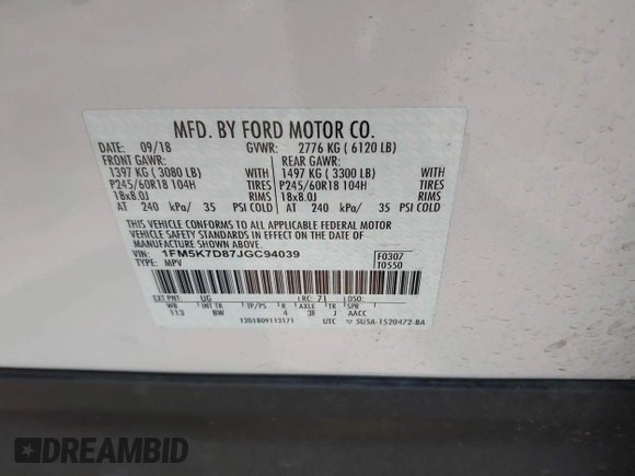 2018 Ford Explorer XLT with VIN 1FM5K7D87JGC94039, listed as a IAAI auction lot 41935900 with 46,939 mi miles and . Bid and sale history available at DreamBid. Image 9.