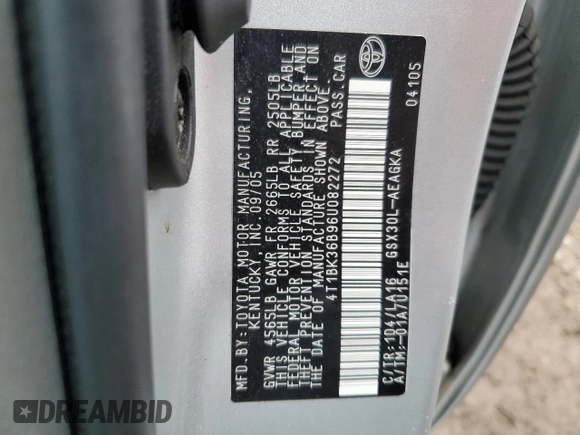 2006 Toyota Avalon XL with VIN 4T1BK36B96U082272, listed as a Copart auction lot 61637845 with 157,114 mi miles and Salvage title. Bid and sale history available at DreamBid. Image 12.