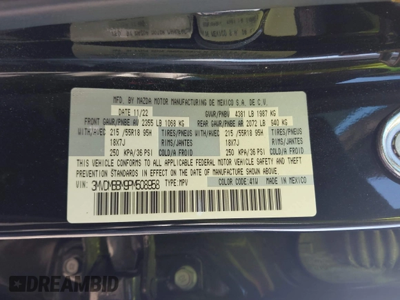 2023 Mazda CX-30 S Select with VIN 3MVDMBBM9PM508958, listed as a IAAI auction lot 42009029 with 21,219 mi miles and . Bid and sale history available at DreamBid. Image 9.