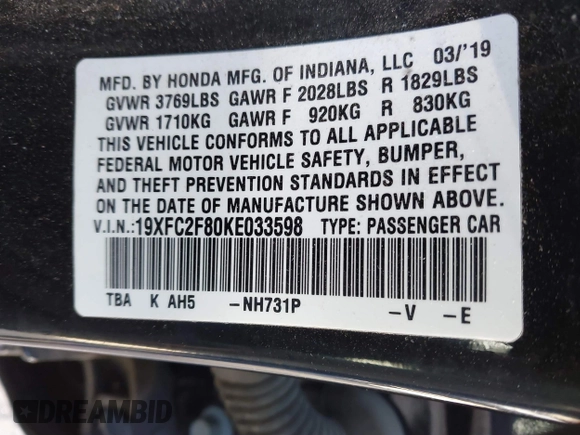2019 Honda Civic Sport with VIN 19XFC2F80KE033598, listed as a IAAI auction lot 41732698 with 101,664 mi miles and . Bid and sale history available at DreamBid. Image 9.