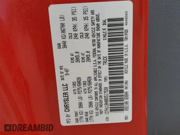 2008 Dodge 1500 SLT z VIN 1D7HU18N88S517520, wystawiony jako Copart lot #44958945 z przebiegiem 162 666 mil mil oraz Szkoda całkowita • Salvage title. Historia ofert i sprzedaży dostępna na DreamBid. Obrazek 13.