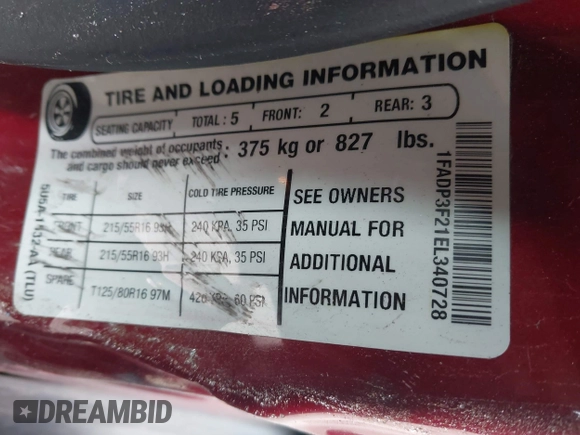 2014 Ford Focus SE with VIN 1FADP3F21EL340728, listed as a IAAI auction lot 41159162 with 125,919 mi miles. Bid and sale history available at carsss.com. Image 9.
