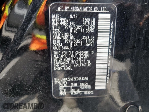 2014 Infiniti QX80 with VIN JN8AZ2NE6E9064366, listed as a Copart auction lot 62819525 with 137,817 mi miles and Salvage title. Bid and sale history available at DreamBid. Image 13.